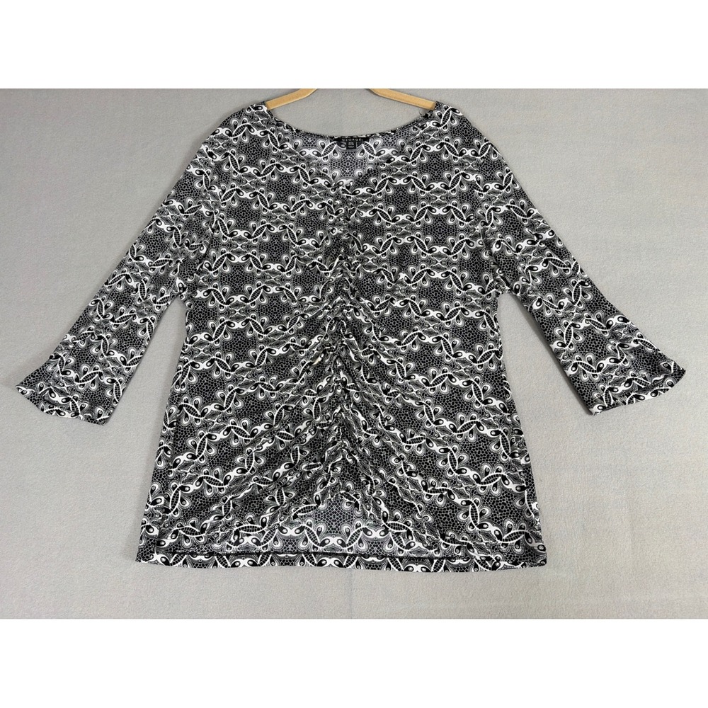 George Womens XL 16-18 Black White Lace Print Ruched Front Blouse GL41702P‎